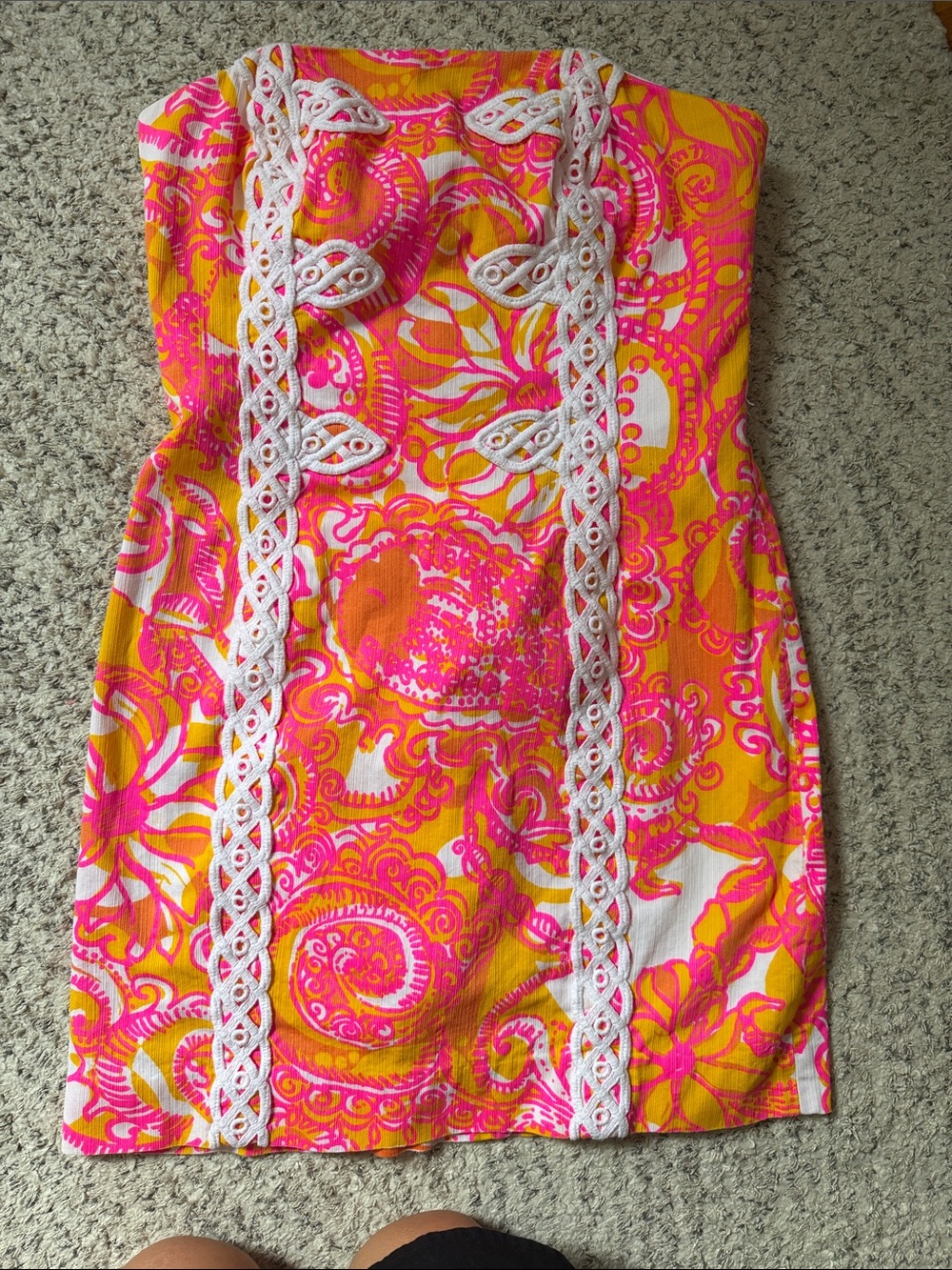 Lilly Pulitzer Pink and Yellow Strapless Lace-Trim Dress
